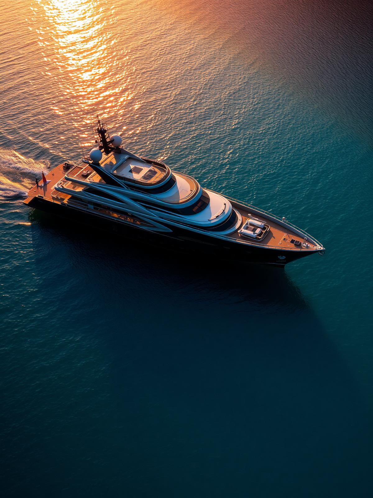 Superyacht at golden hour on the Mediterranean