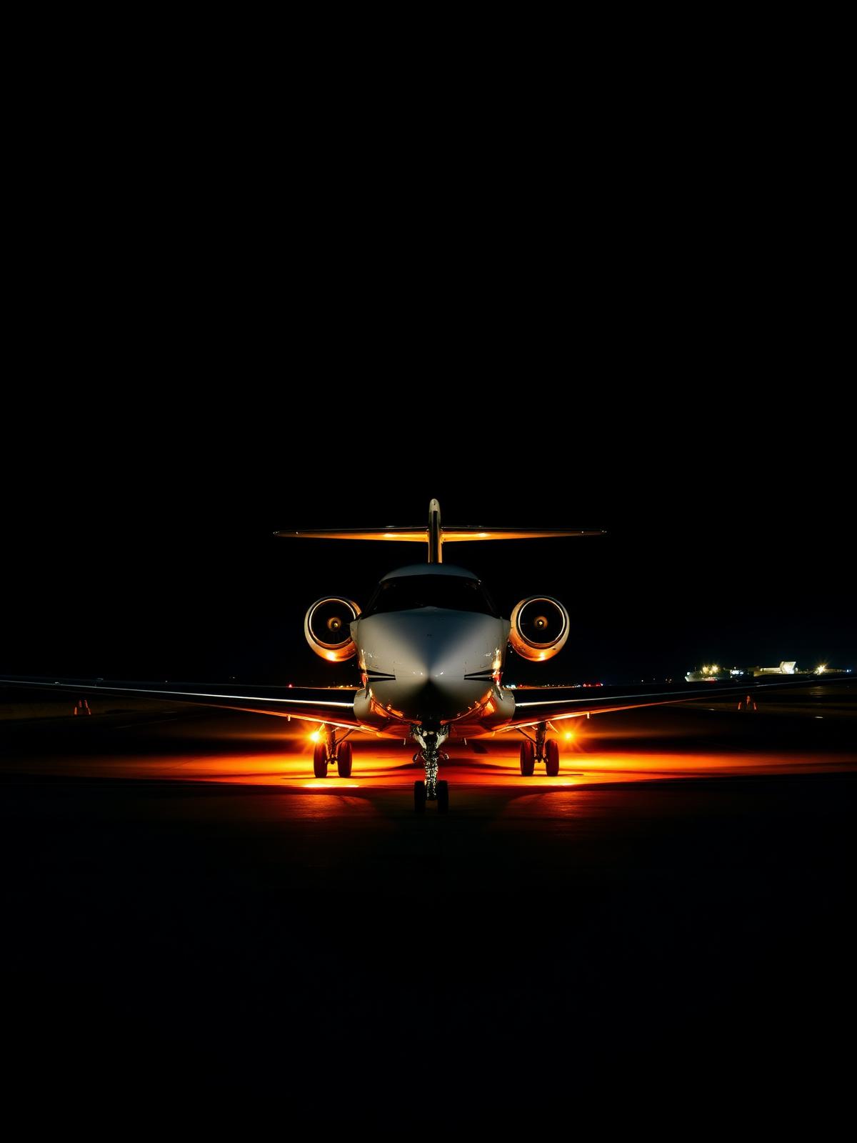 Private jet on tarmac at night